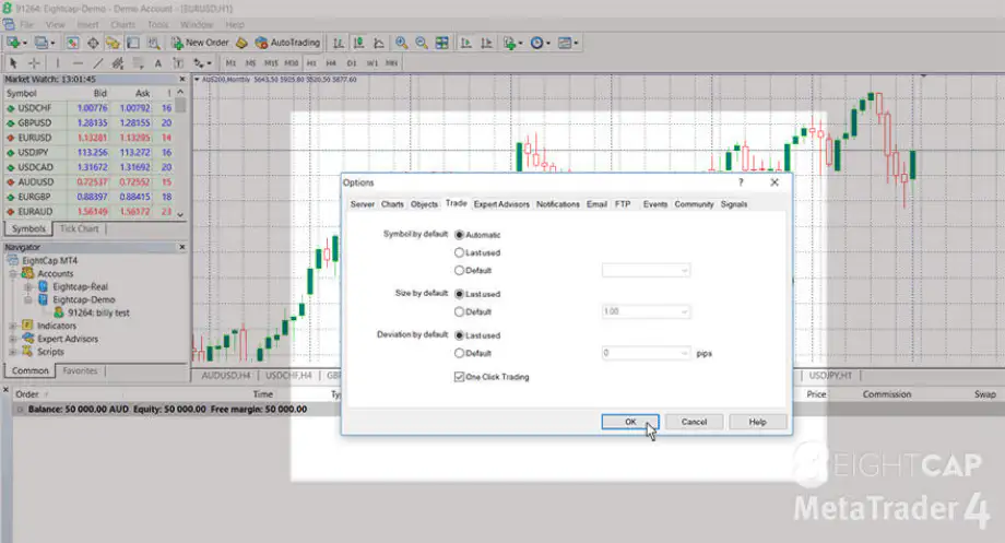 MetaTrader platform with the Options window open, showing how to enable One Click Trading