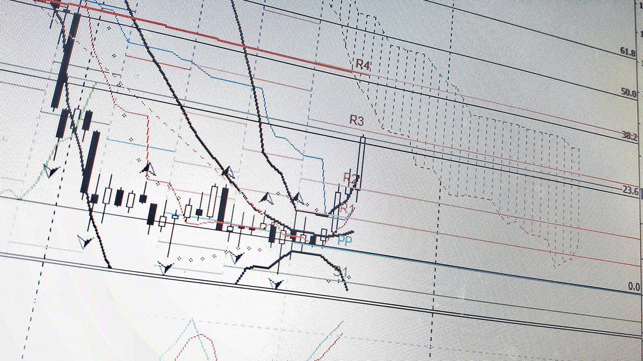 a complex trading chart featuring candlestick patterns & Fibonacci retracement levels