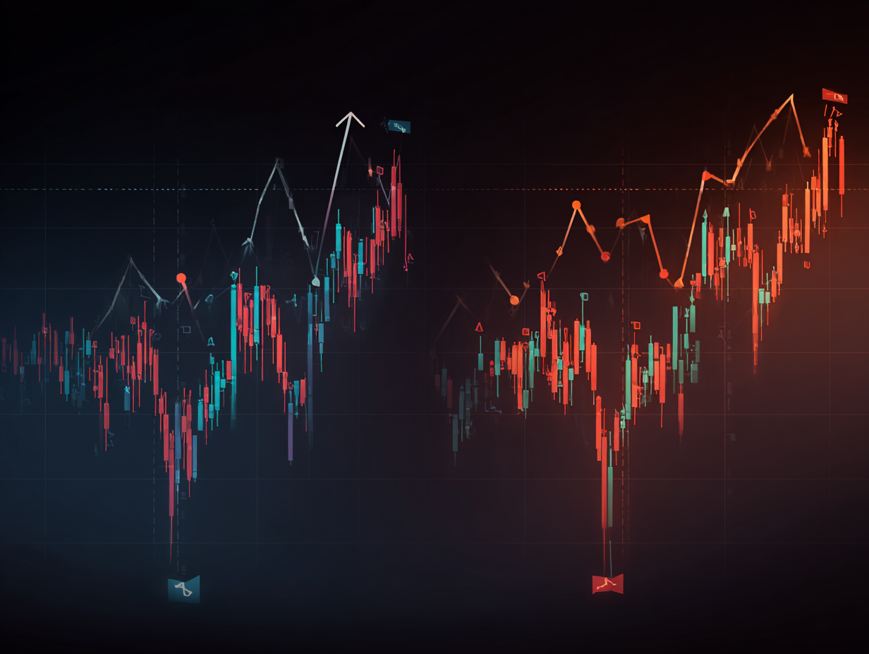 Side-by-side mini ‘bullish pattern chart’ and ‘bearish pattern chart’ that show flagpole, flag, breakout arrows and measured move targets.