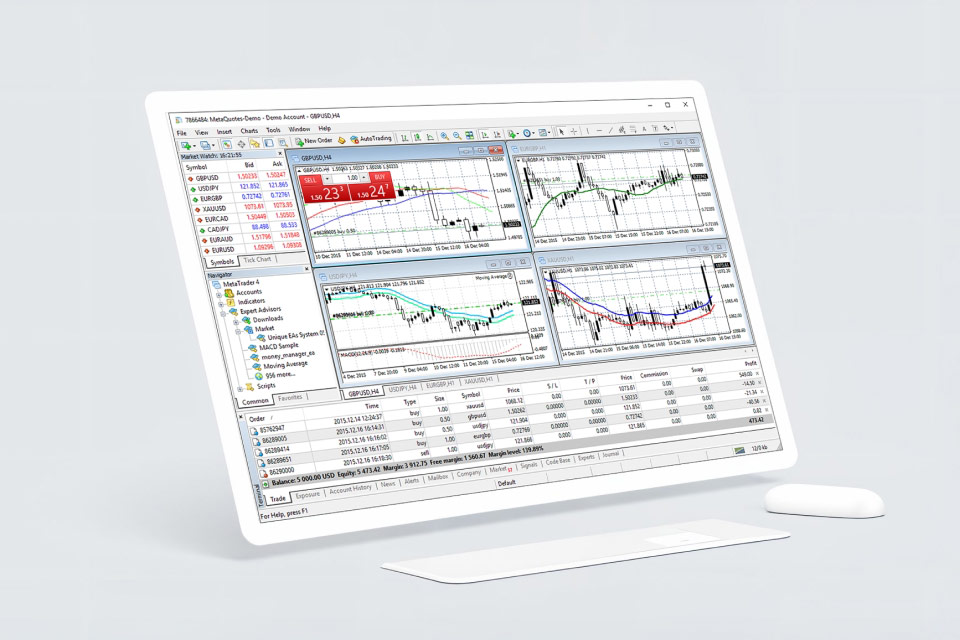 tablet screen displaying a MetaTrader 4 trading platform with live charts