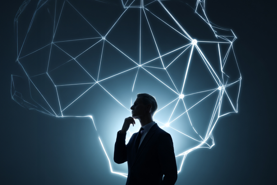 A silhouette of a businessman in a suit, deep in thought, with a glowing network of interconnected lines and nodes forming a map-like structure in the background.