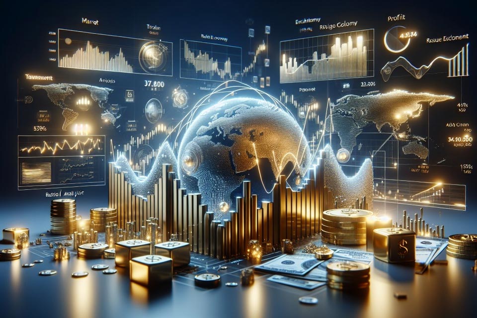 visualization of a digital financial ecosystem with a glowing globe, graphs, and charts