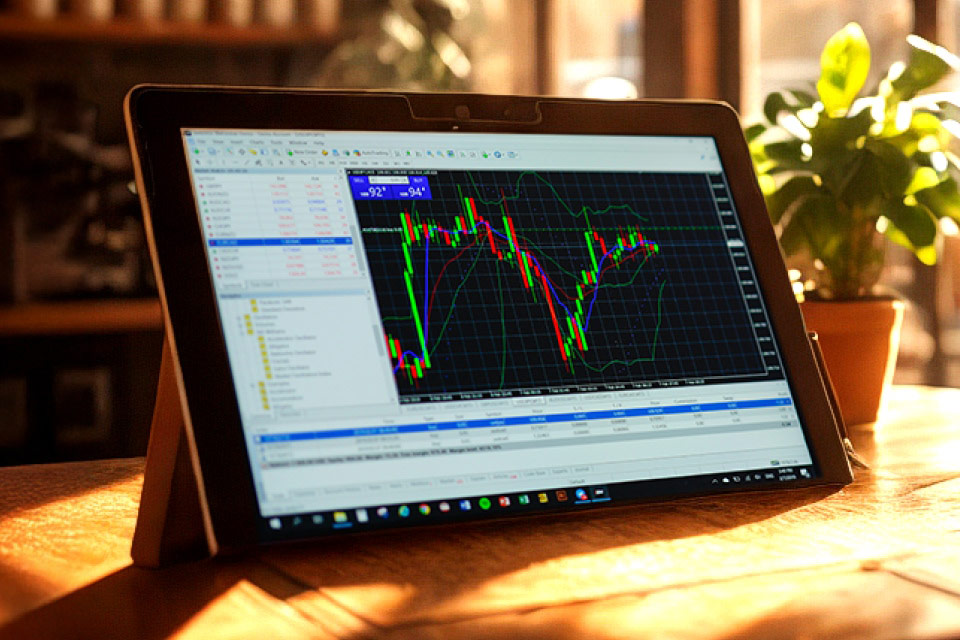 Advanced Technical Analysis with MT5 Indicators: tablet displaying technical analysis charts on MT5 trading platform.