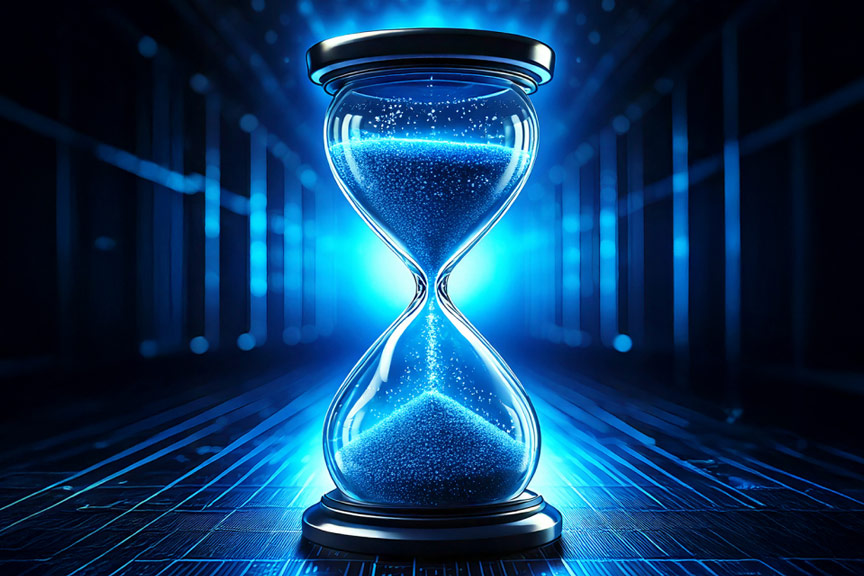 blue digital hourglass with glowing sand particles, representing time and discipline in long-term forex strategies