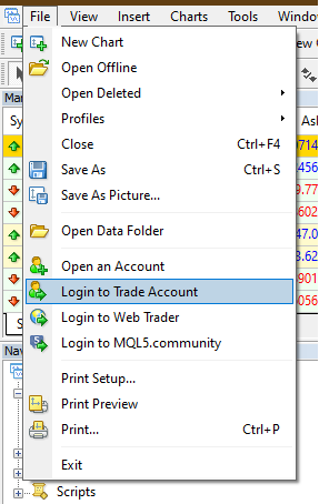 the File menu in MetaTrader highlighting 'Login to Trade Account' option for account access