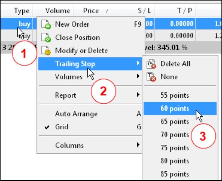 MetaTrader 5 context menu showing the steps to set a trailing stop on an open trade, with the option selected at 60 points.