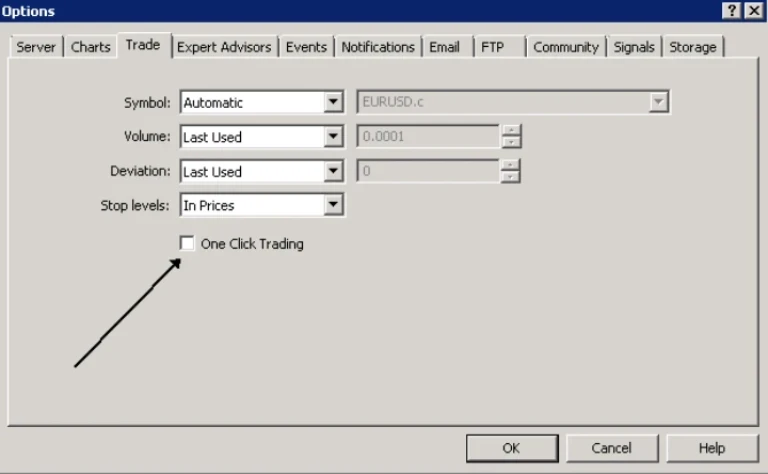 MetaTrader 5 Options window on the Trade tab, showing settings for symbol, volume, deviation, stop levels, and the One Click Trading option.