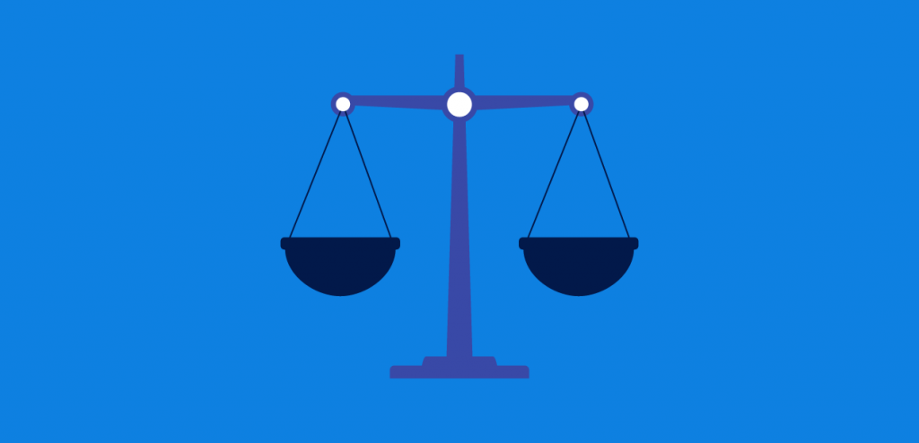 Illustration of an unbalanced scale with two pans, one side heavier than the other, symbolizing inequality or imbalance.