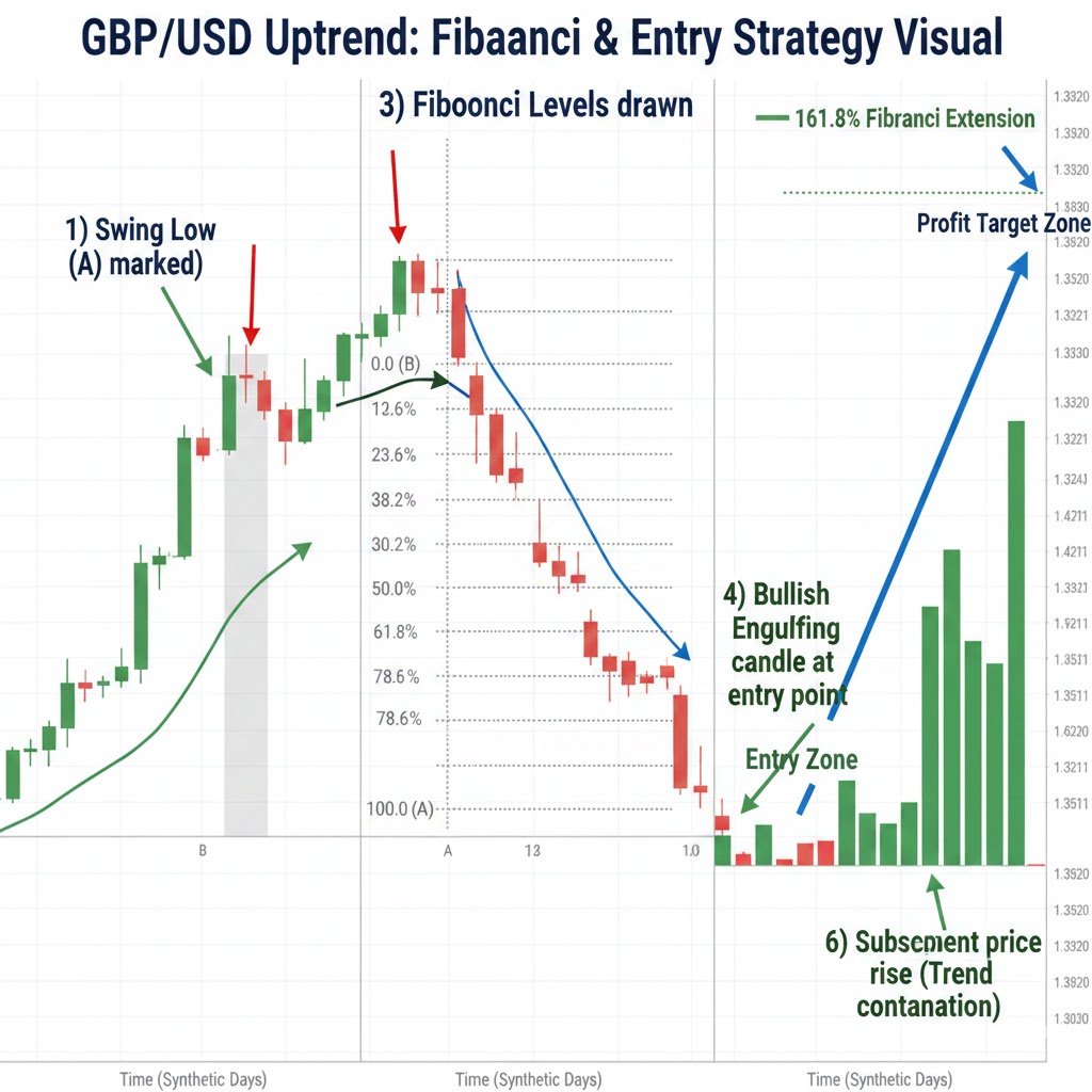 Annotated chart showing GBP/USD uptrend with step-by-step visual of: (1) swing low marked, (2) swing high marked, (3) Fibonacci levels drawn, (4) price retracing to 61.8%, (5) bullish engulfing candle at entry point, (6) subsequent price rise
