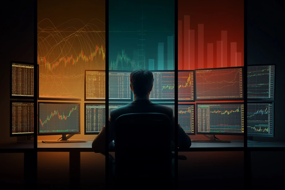 a trader analyzing multiple charts and market data across trading screens