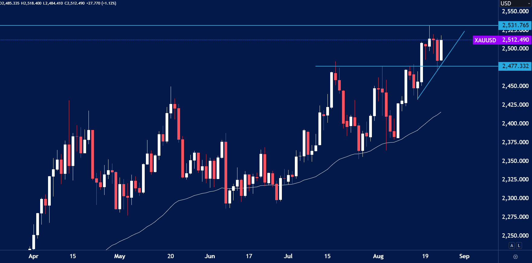 Gold (XAU/USD) daily candlestick chart showing an upward trend supported by a rising trendline.