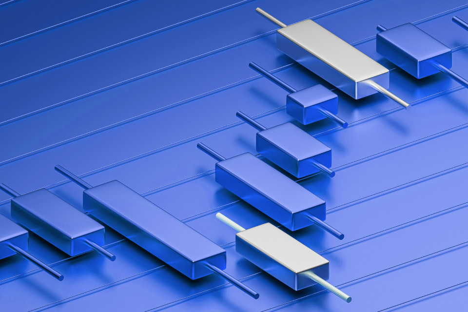  3D-rendered candlestick chart with metallic blue and silver bars,