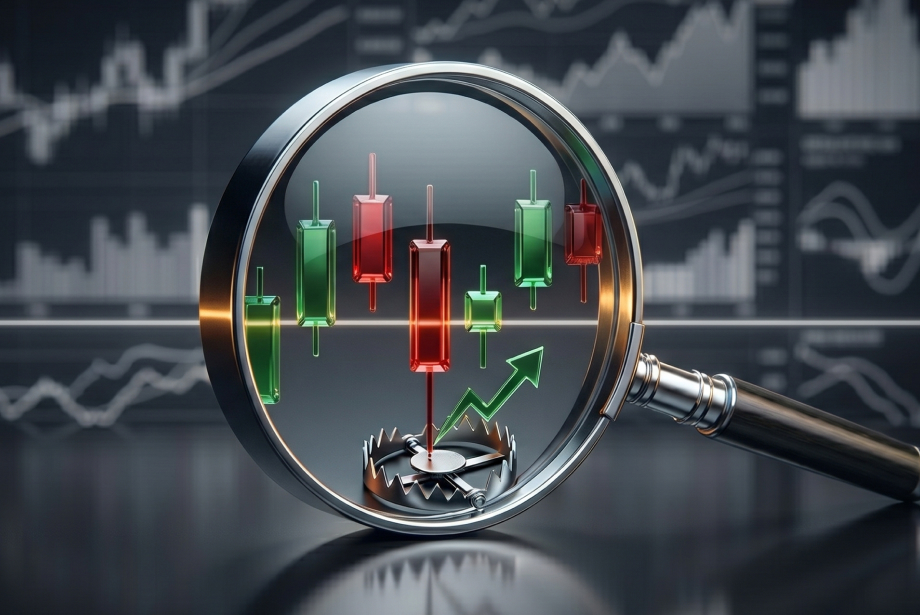 Magnifying glass highlighting red and green candlestick charts, with a mousetrap below suggesting risk in day trading support and resistance levels.