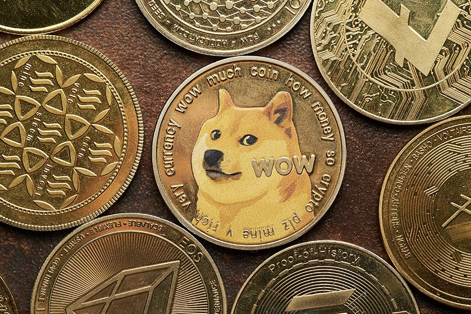 close-up of Dogecoin among various cryptocurrency coins
