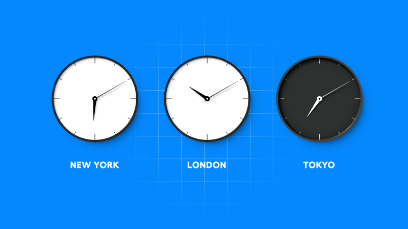 Three clocks showing different times for New York, London, and Tokyo against a blue grid background.