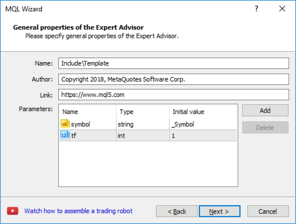 General properties window of an EA