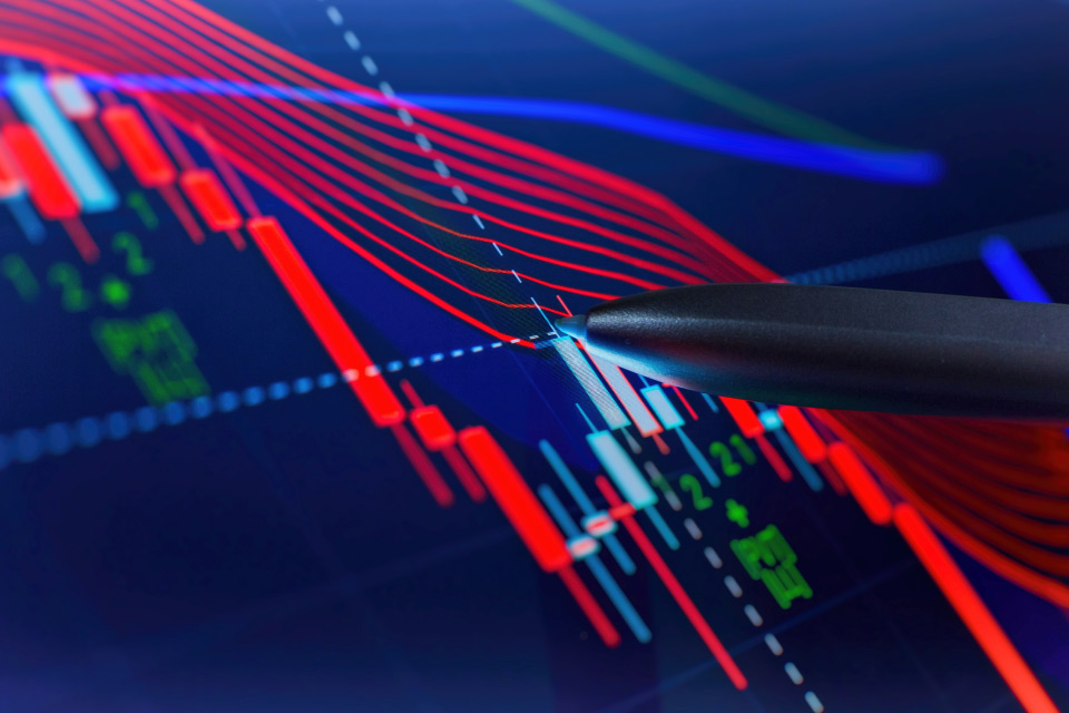 Forex charts displayed on a screen with the On Balance Volume (OBV) indicator, and a pen pointing to key chart points, illustrating how to trade with the OBV indicator.