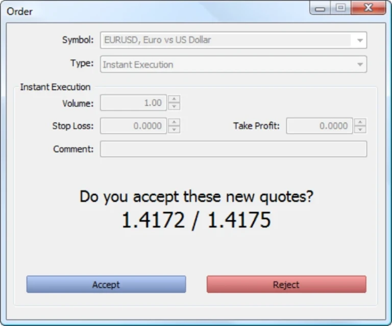MetaTrader 5 order window prompting the trader to accept or reject new quotes, with fields for volume, stop-loss, and take-profit.