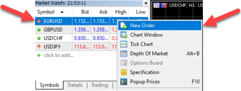 MetaTrader 5 Market Watch window with EURUSD highlighted and the right-click menu open, showing the ‘New Order’ option selected.