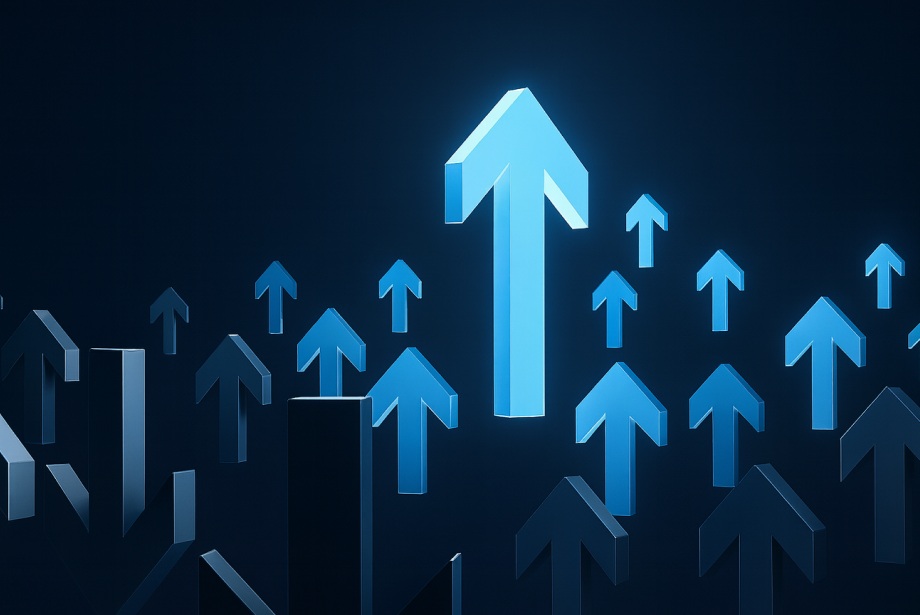 3D blue upward arrows of various sizes, symbolizing market trends and momentum shifts