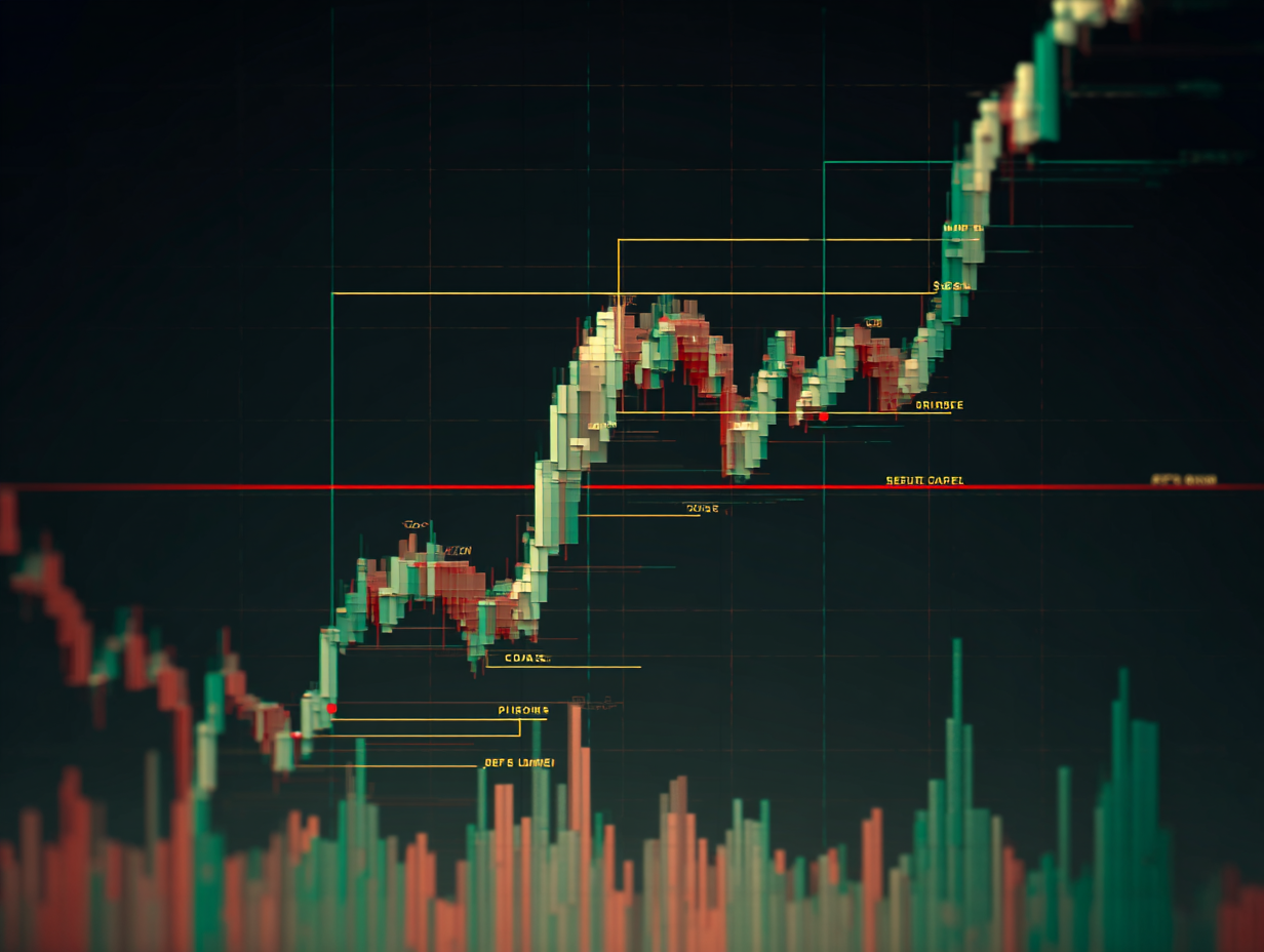 Annotated ‘before and after’ sequence showing cup depth, handle channel, breakout, stop below handle low and target at rim + cup depth.