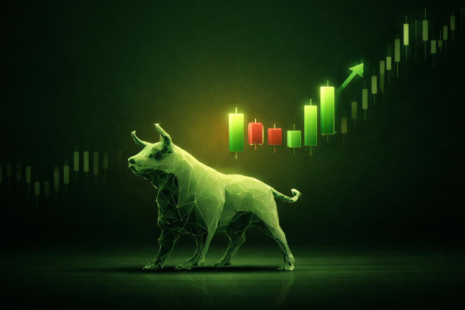 Stylized green polygon bull standing beneath an upward-trending candlestick chart with a rising arrow, symbolizing a bullish financial market trend.