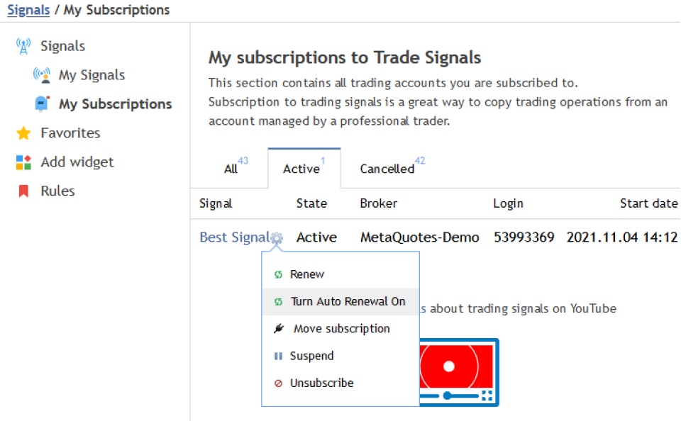 screen showing auto renewal for trade signal subscriptions