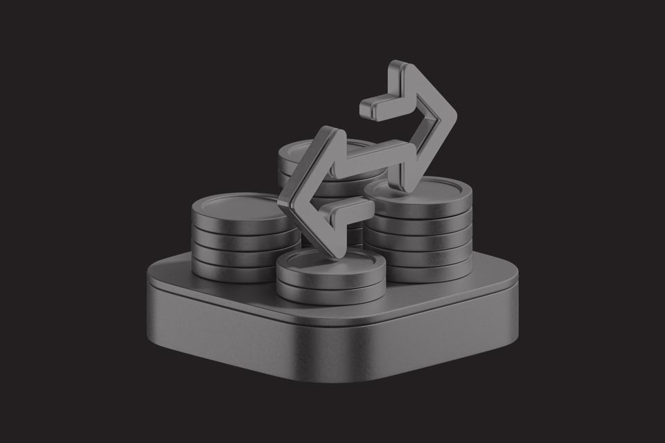 3D illustration of stacked coins with exchange arrows on a dark background