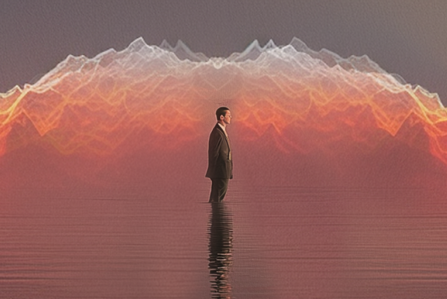 A person in a suit standing in water, with a surreal background featuring a wave of colorful, abstract patterns symbolizing economic uncertainty and stagnation.