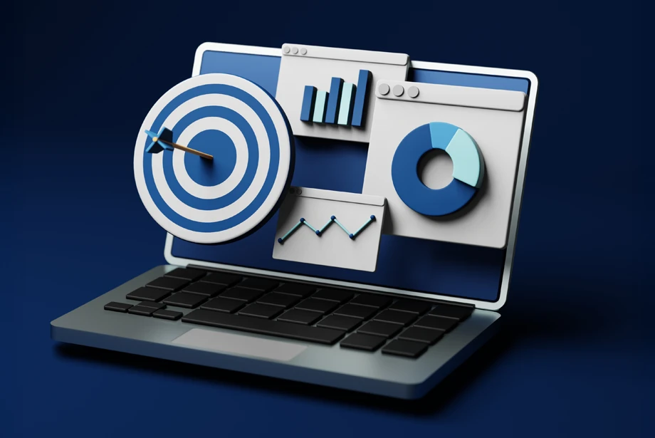 3D illustration of a laptop displaying financial charts and data visualizations.