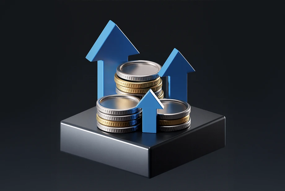 stacks of coins with upward blue arrows on a black platform, symbolizing financial growth and rising market value