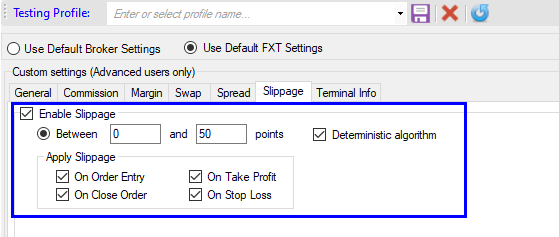“MT4 testing profile settings with slippage options enabled, allowing configuration of points, deterministic algorithm, and application on order entry, close, take profit, and stop loss.