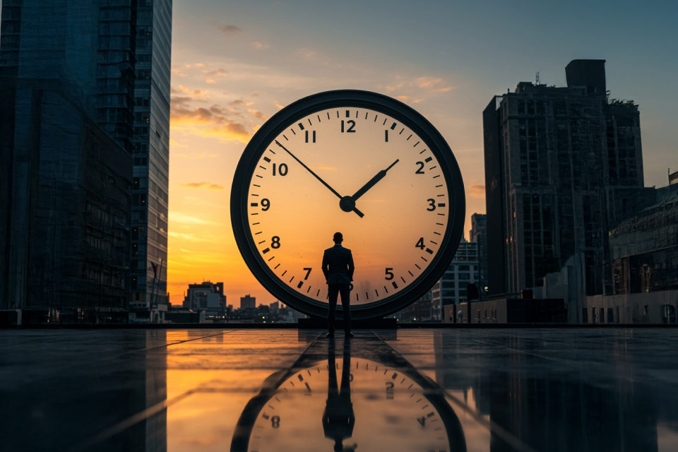 A Guide to Multiple Timeframe Analysis featuring a silhouetted man in a suit standing in front of a massive clock.