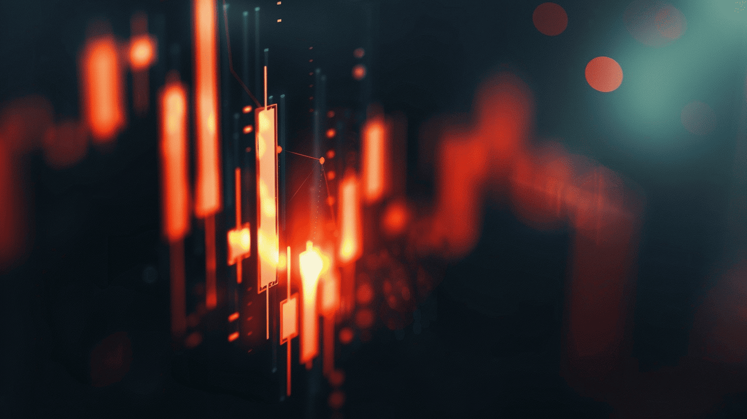 Close-up of glowing red candlestick chart on a dark background, showing sharp market volatility and downward price movement with blurred digital graph elements.
