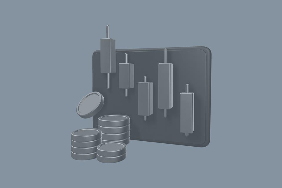 illustration of candlestick charts and stacked coins in grey background