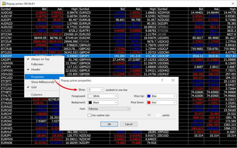 popup prices properties window in MetaTrader 5