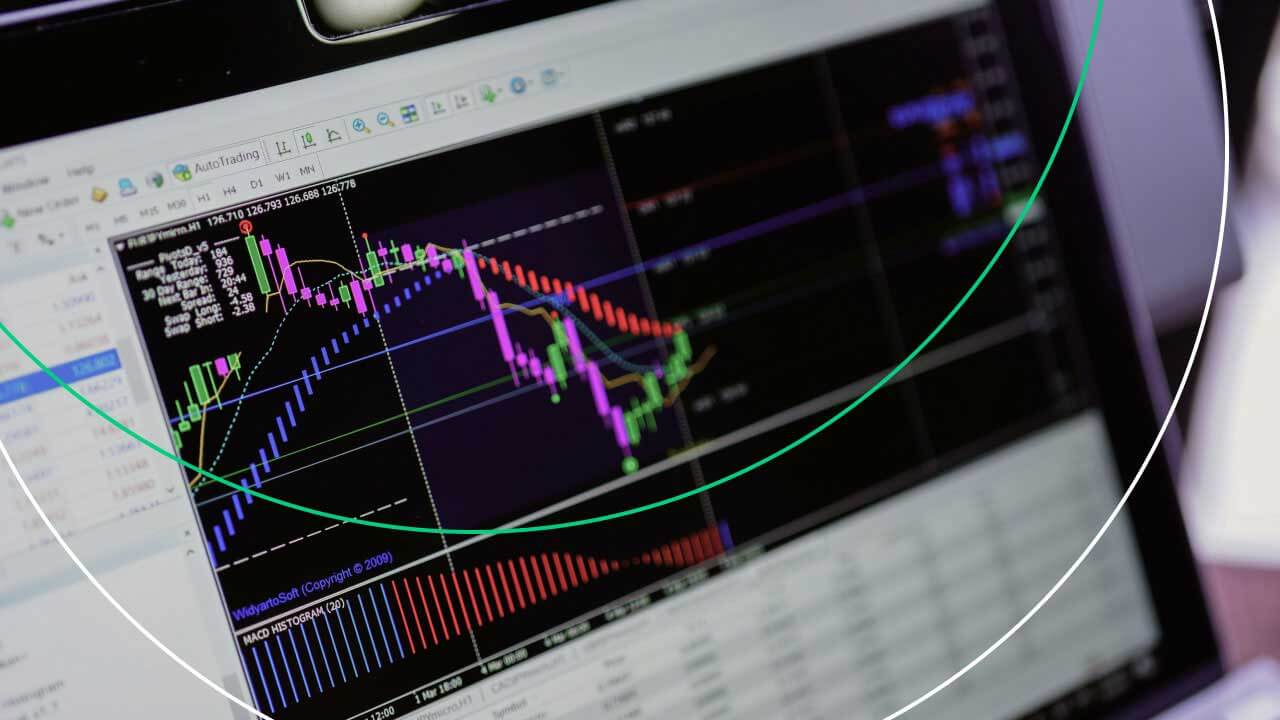  a computer screen displaying a complex trading chart with colorful indicators and candlestick patterns