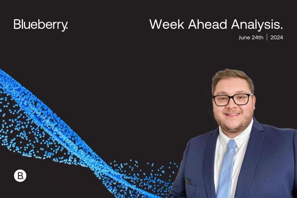 a financial analysis graphic titled "Weekly Forex Trading Ideas: 24th June" featuring a blueberry illustration, symbolizing fresh insights. The text "Week Ahead Analysis" and the date "June 24th | 2024" are prominently displayed, offering a preview of key forex trading opportunities for the week.