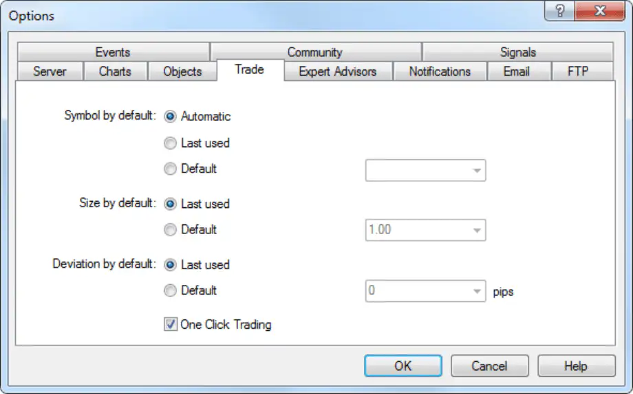MetaTrader 4 Options window showing the Trade tab with One Click Trading enabled