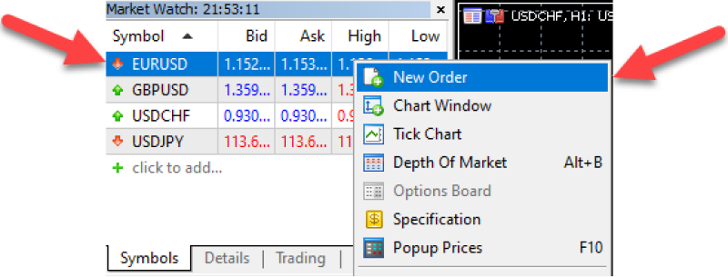MetaTrader platform showing the 'Market Watch' window with the menu displaying trading option