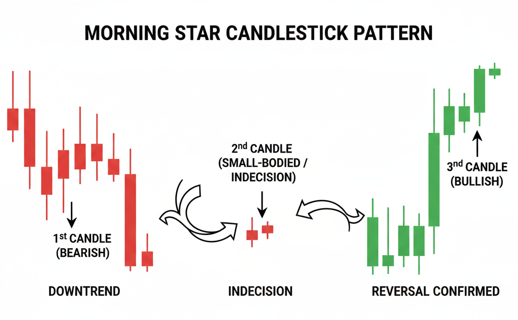 Labeled diagram showing the three-candle morning star pattern formation with arrows indicating: 1st candle (bearish), 2nd candle (small-bodied/indecision), 3rd candle (bullish). Include labels for "Downtrend," "Indecision," and "Reversal Confirmed."