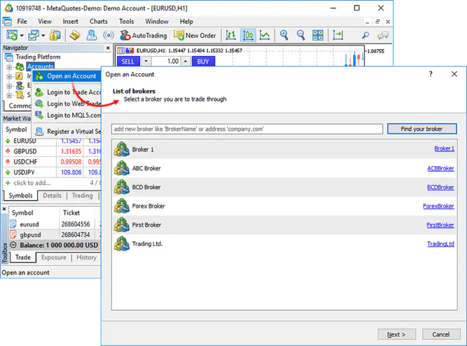 MetaTrader 5 platform showing the ‘Open an Account’ window with a list of brokers available for connection.