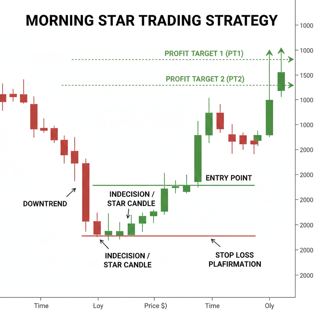 Annotated chart example showing morning star pattern with labeled entry point, stop loss placement, and multiple profit target levels