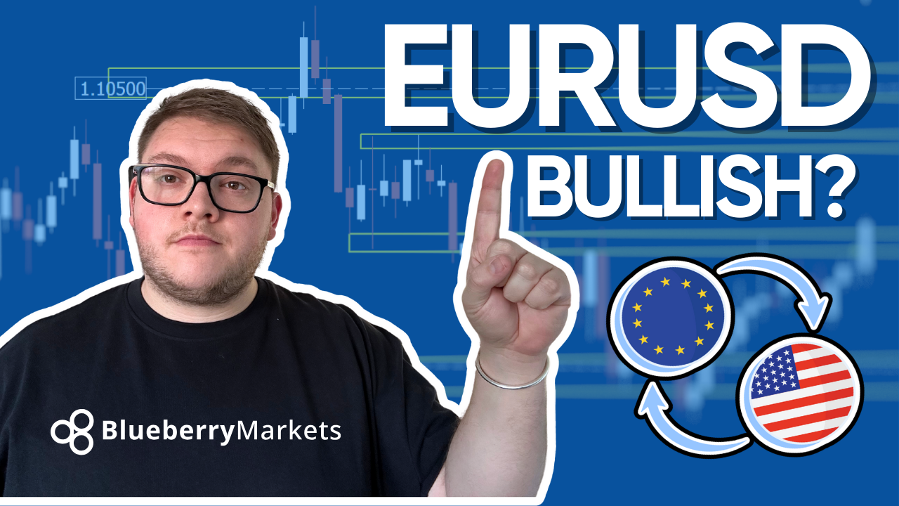 Is EURUSD Bullish In 2024? — Image of Jonathan Kibbler pointing at bold text "EURUSD Bullish" with a forex chart in the background, suggesting market optimism.