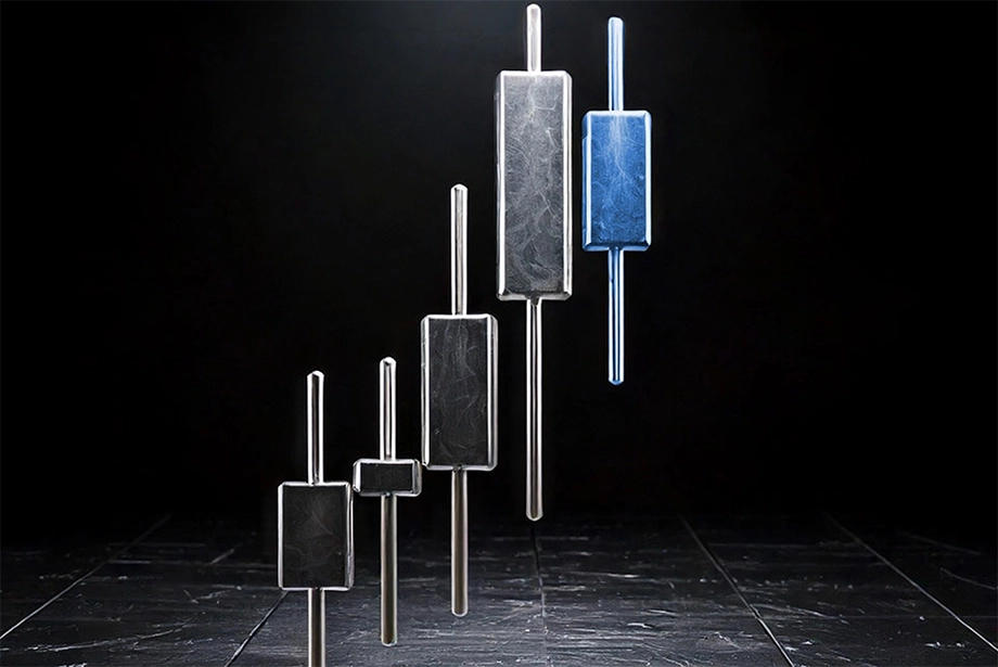 3D metallic candlestick chart models on a dark reflective surface, visually representing an inverted hammer candlestick pattern, with one candlestick highlighted in blue to indicate significance.