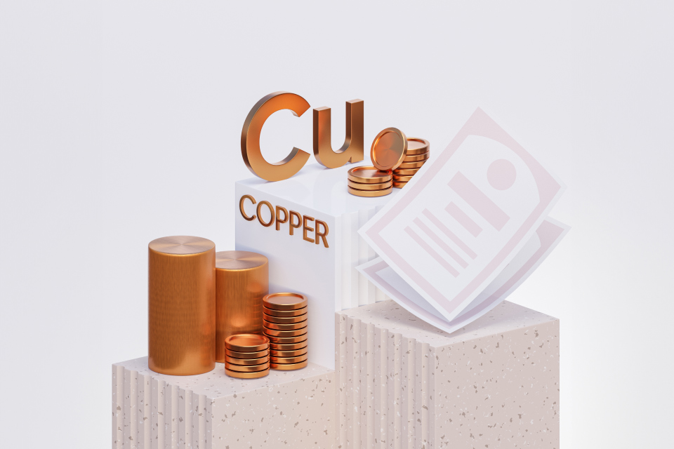 Copper Trading: Capitalizing on Global Demand a 3D illustration of copper elements including cylindrical bars and stacked coins arranged on stone-like pedestals, symbolizing the value and global demand for copper in trading.