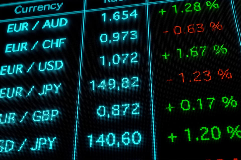 digital display of forex currency pairs, exchange rates, and percentage changes