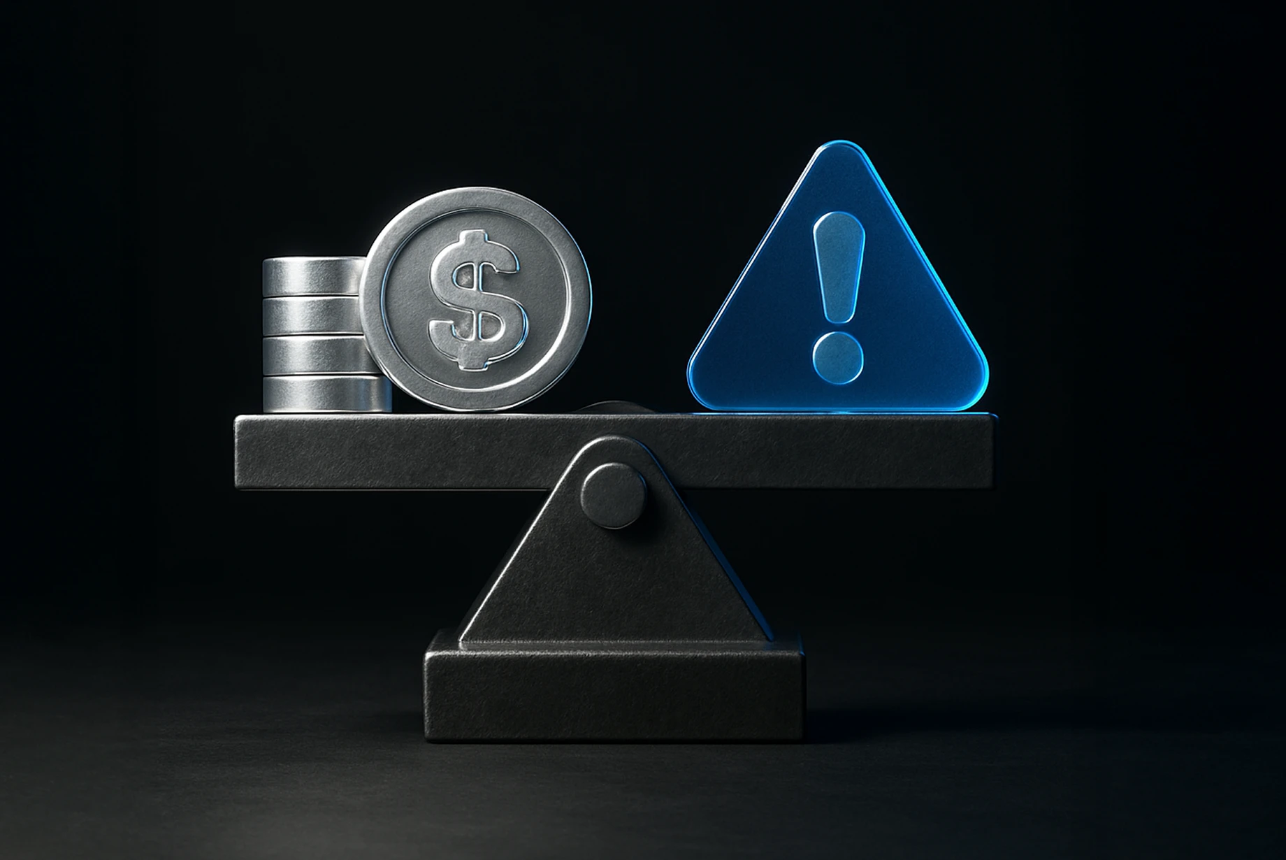 Coins and a dollar symbol balanced against a blue warning icon on a seesaw, symbolizing risk and reward.