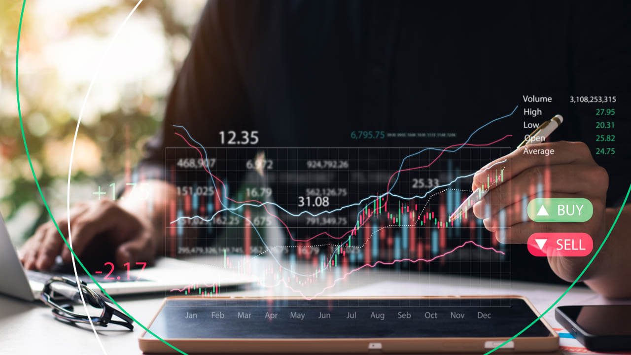 a trader analyzing financial charts with a stylus on a digital screen