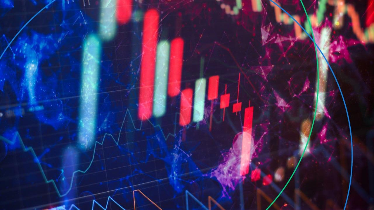 colorful financial chart showing red candlestick patterns and technical indicators 